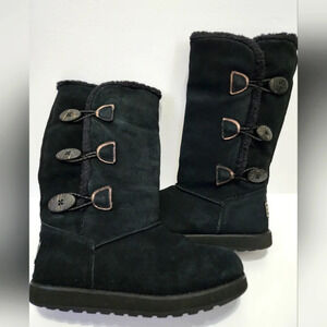 Skechers Womens 3 Button Suede Black Ladies Winter Snow Outside Warm Boots, sz 7